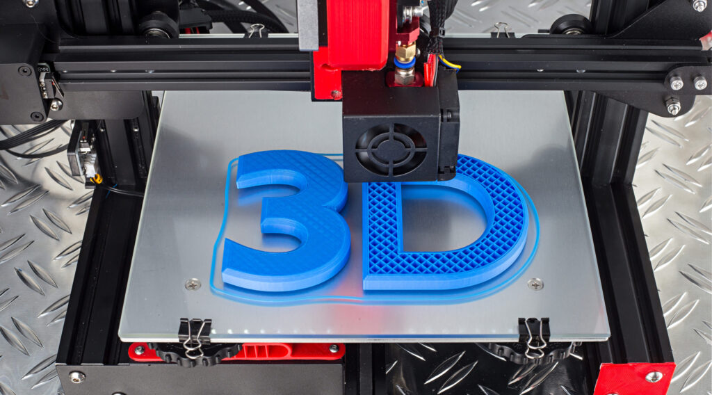 red-black-3d-printer-printing-blue-logo-symbol-on-metal-diamond-plate-future-technology-modern-concept