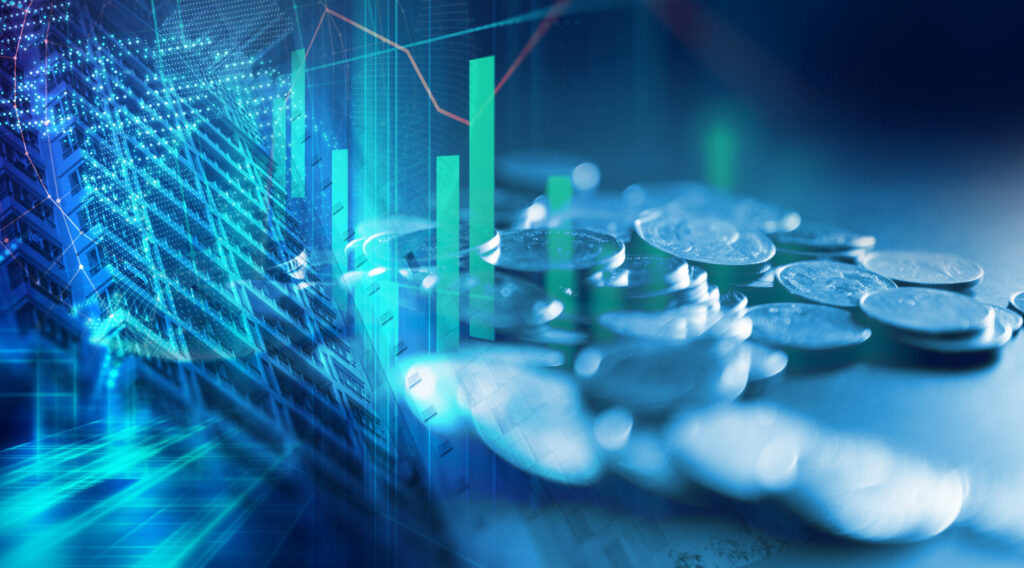 pile-of-coins-on-technology-financial-graph-background