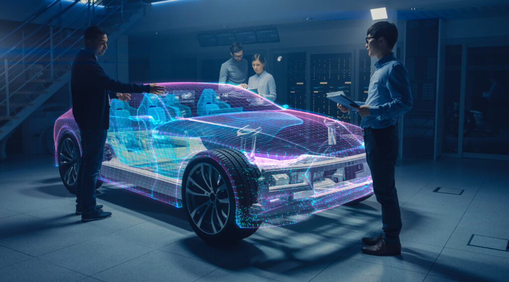 group-of-automobile-design-engineers-working-on-augmented-reality-3d-model-prototype-of-electric-car-chassis-automotive-innovation-facility-3d-concept-vehicle-frame-generated-with-3d-cad-software