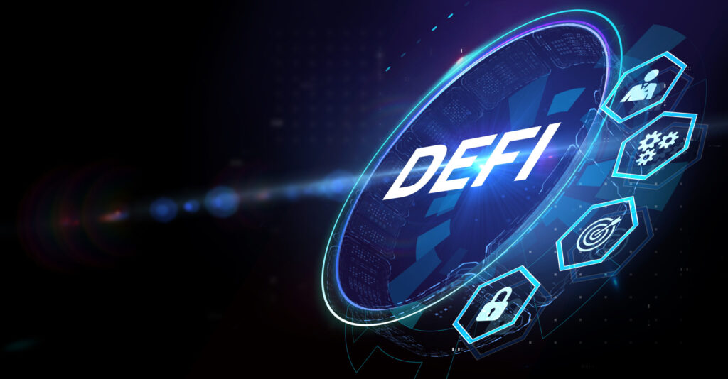 defi-decentralized-finance-on-dark-blue-abstract-polygonal-background-concept-of-blockchain-decentralized-financial-system
