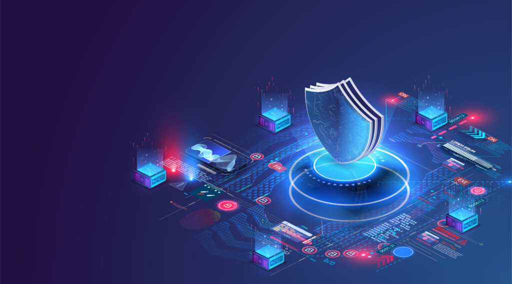 network-data-security-isometric-online-server-protection-system-concept-with-data-center-or-blockchain-data-secure-web-crime-or-virus-attack-symbol-of-protection-hacking-concept-vector