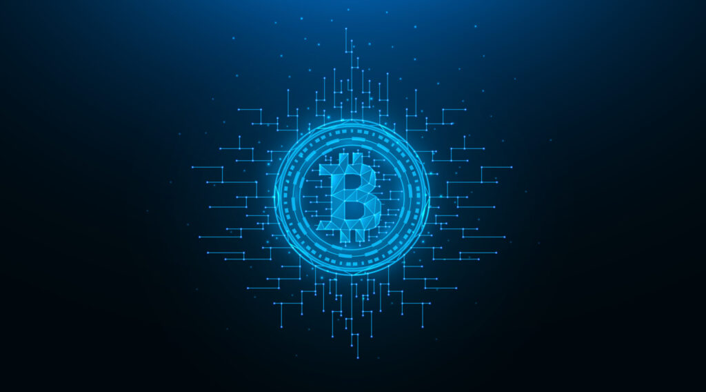 bitcoin-polygonal-vector-illustration-on-a-blue-background-cryptocurrency-low-poly-design